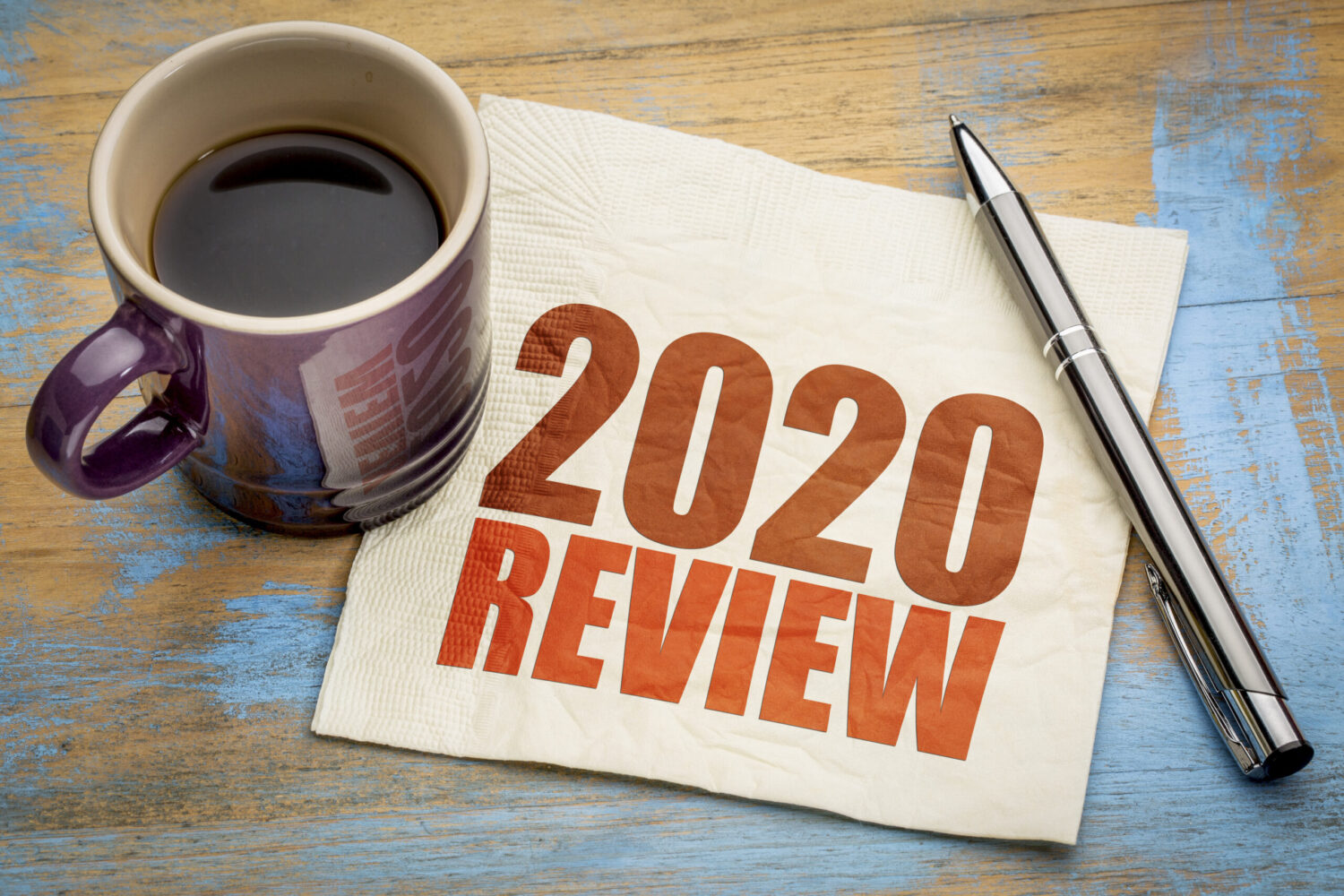 2020 year review text on a napkin with a cup of coffee, end of year business concept